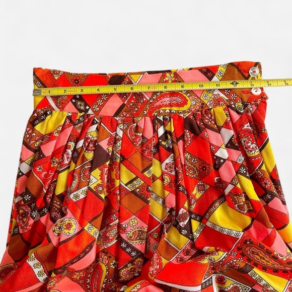 Vintage Retro 60s 70’s Polyester Paisley Orange Yellow Pink Brown A-Line Skirt - Picture 4 of 8